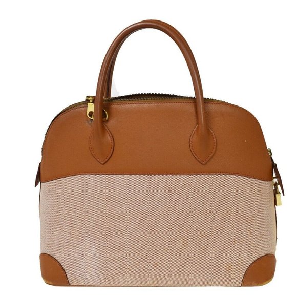 Authenticity Guarantee HERMES Bolide 35 Hand Bag Toile H Leather Canvas Brown Ma - Picture 3 of 16